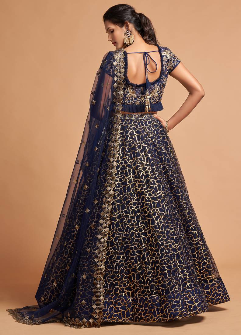 Navy Blue Zari Badla Dori And Threads Embroidered Soft Net Lehienga Choli For Women