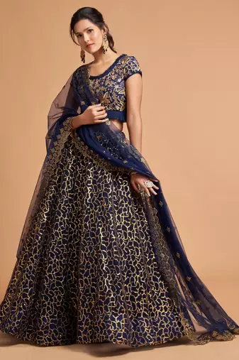Navy Blue Zari Badla Dori And Threads Embroidered Soft Net Lehienga Choli For Women