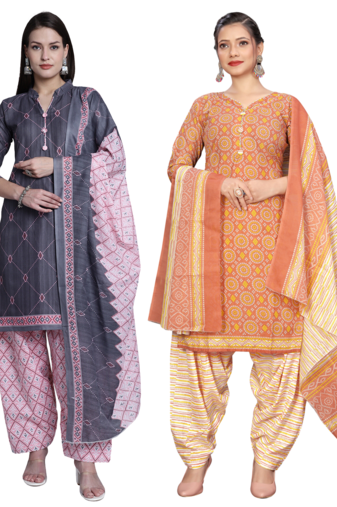 Rajnandini women multicolor cotton printed ready to wear patiala salwar suit combo pack of 2