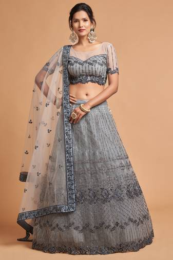 Fetching Grey Zari Badla Dori And Threads Embroidered Soft Net Designer Lehenga Choli