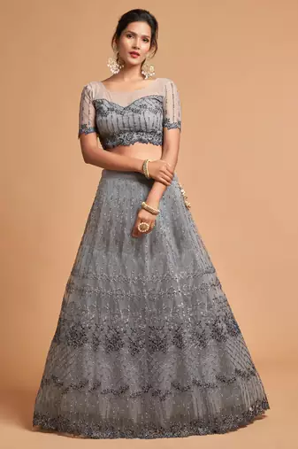 Fetching Grey Zari Badla Dori And Threads Embroidered Soft Net Designer Lehenga Choli