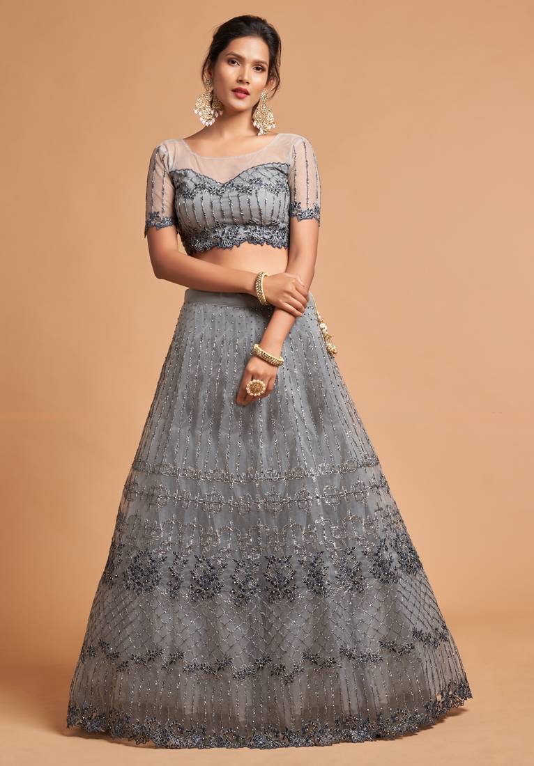 Fetching Grey Zari Badla Dori And Threads Embroidered Soft Net Designer Lehenga Choli