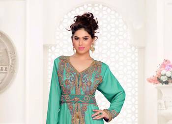 Sea-Green color Full Sleeves Handmade Moroccan Kaftan with hijab 2