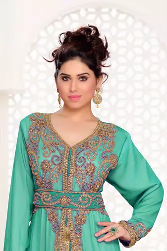 Sea-Green color Full Sleeves Handmade Moroccan Kaftan with hijab