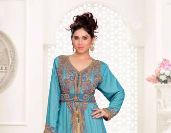 Cyan color Full Sleeves Handmade Moroccan Kaftan with hijab 2