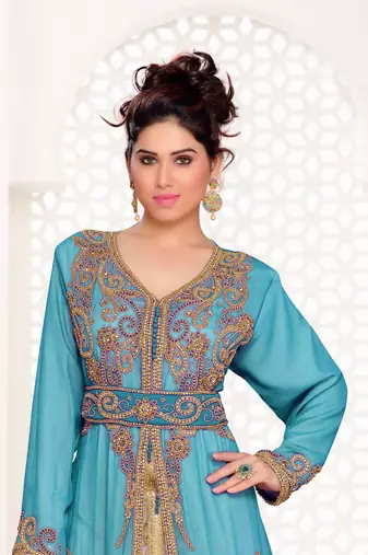 Cyan color Full Sleeves Handmade Moroccan Kaftan with hijab