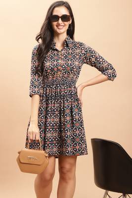 women's navy blue color pure cambric cotton printed western dress 3