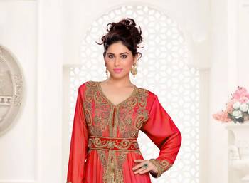 Red Full Sleeves Handmade Moroccan Kaftan with hijab 2