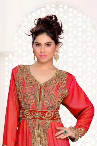 Red Full Sleeves Handmade Moroccan Kaftan with hijab