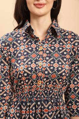women's navy blue color pure cambric cotton printed western dress 4
