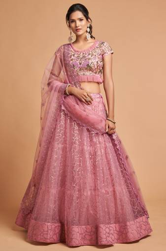Blush Pink Zari Badla Dori And Threads Embroidered Soft Net Wedding Lehenga Choli