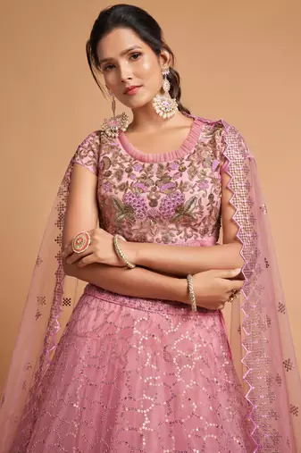 Blush Pink Zari Badla Dori And Threads Embroidered Soft Net Wedding Lehenga Choli