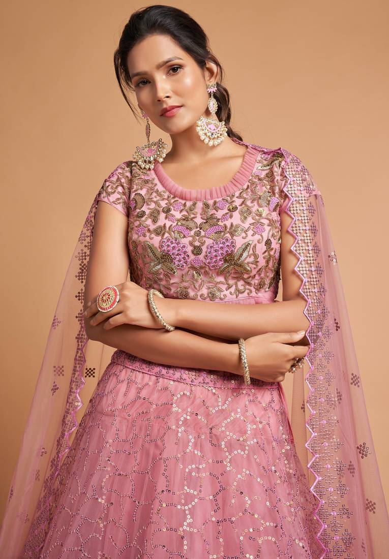 Blush Pink Zari Badla Dori And Threads Embroidered Soft Net Wedding Lehenga Choli