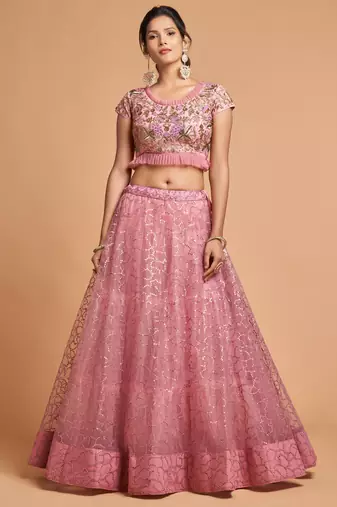 Blush Pink Zari Badla Dori And Threads Embroidered Soft Net Wedding Lehenga Choli
