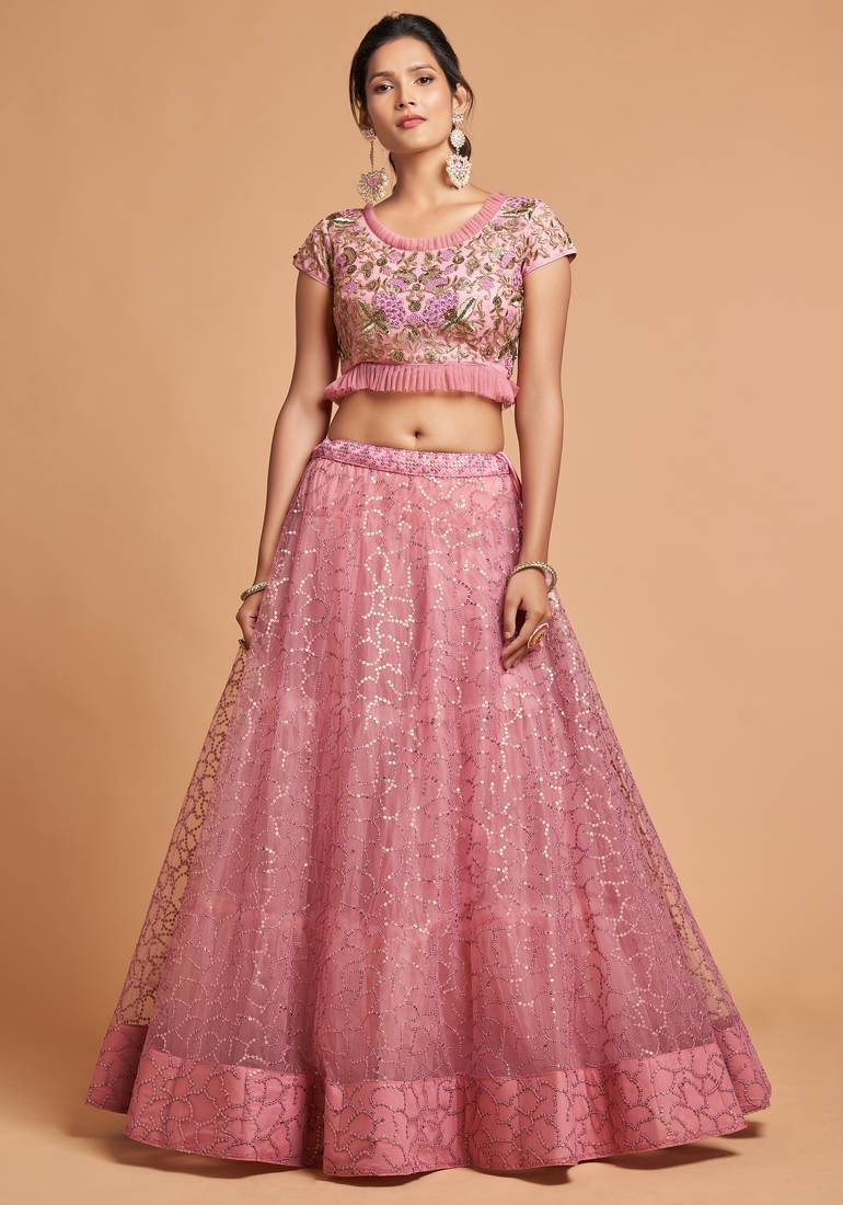Blush Pink Zari Badla Dori And Threads Embroidered Soft Net Wedding Lehenga Choli
