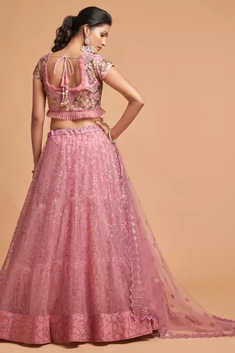 Blush Pink Zari Badla Dori And Threads Embroidered Soft Net Wedding Lehenga Choli