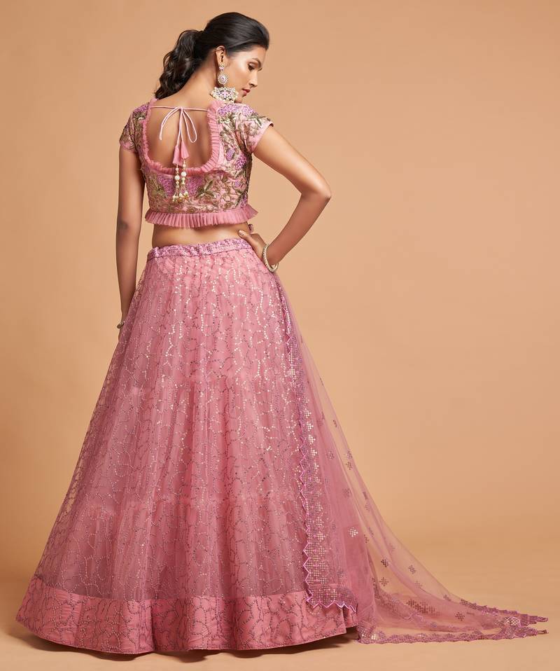 Blush Pink Zari Badla Dori And Threads Embroidered Soft Net Wedding Lehenga Choli