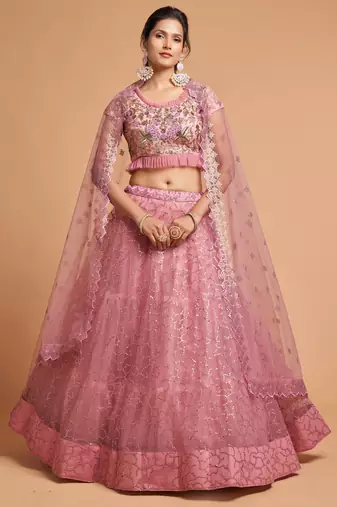 Blush Pink Zari Badla Dori And Threads Embroidered Soft Net Wedding Lehenga Choli