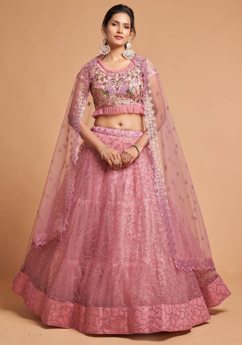 Blush Pink Zari Badla Dori And Threads Embroidered Soft Net Wedding Lehenga Choli