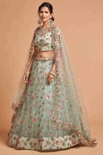 Sky Blue Zari Dori And Multiple Sequins Embroidered Soft Net Bridal Lehenga Choli