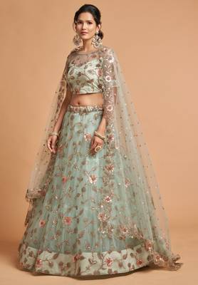 Sky Blue Zari Dori And Multiple Sequins Embroidered Soft Net Bridal Lehenga Choli 1
