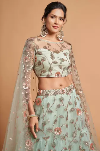 Sky Blue Zari Dori And Multiple Sequins Embroidered Soft Net Bridal Lehenga Choli