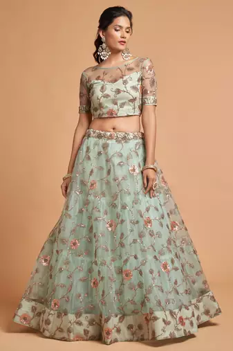 Sky Blue Zari Dori And Multiple Sequins Embroidered Soft Net Bridal Lehenga Choli