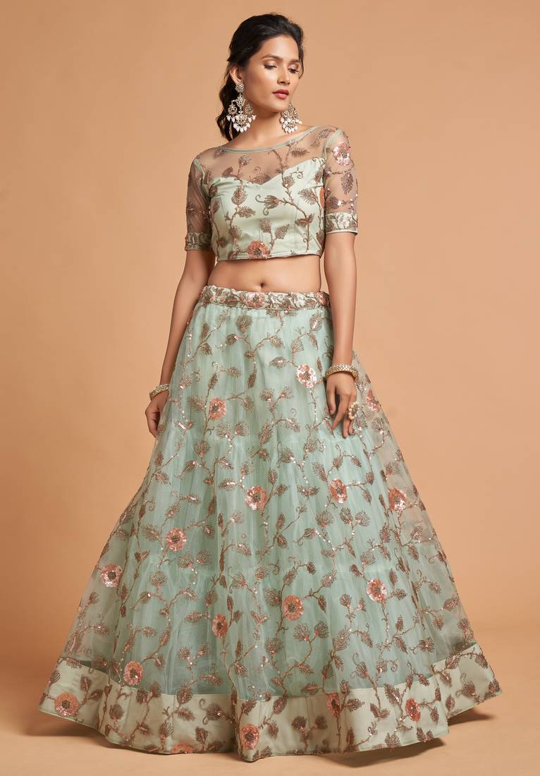 Sky Blue Zari Dori And Multiple Sequins Embroidered Soft Net Bridal Lehenga Choli