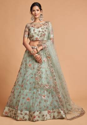 Sky Blue Zari Dori And Multiple Sequins Embroidered Soft Net Bridal Lehenga Choli 4