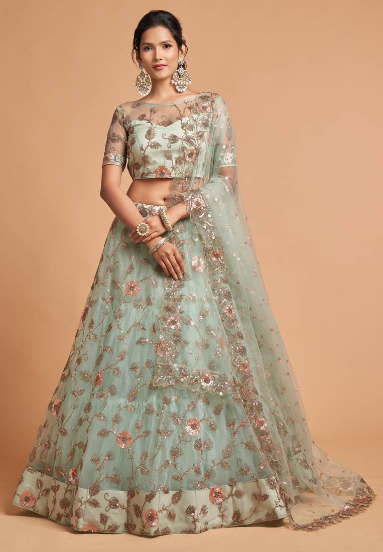 Sky Blue Zari Dori And Multiple Sequins Embroidered Soft Net Bridal Lehenga Choli