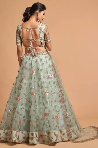 Sky Blue Zari Dori And Multiple Sequins Embroidered Soft Net Bridal Lehenga Choli