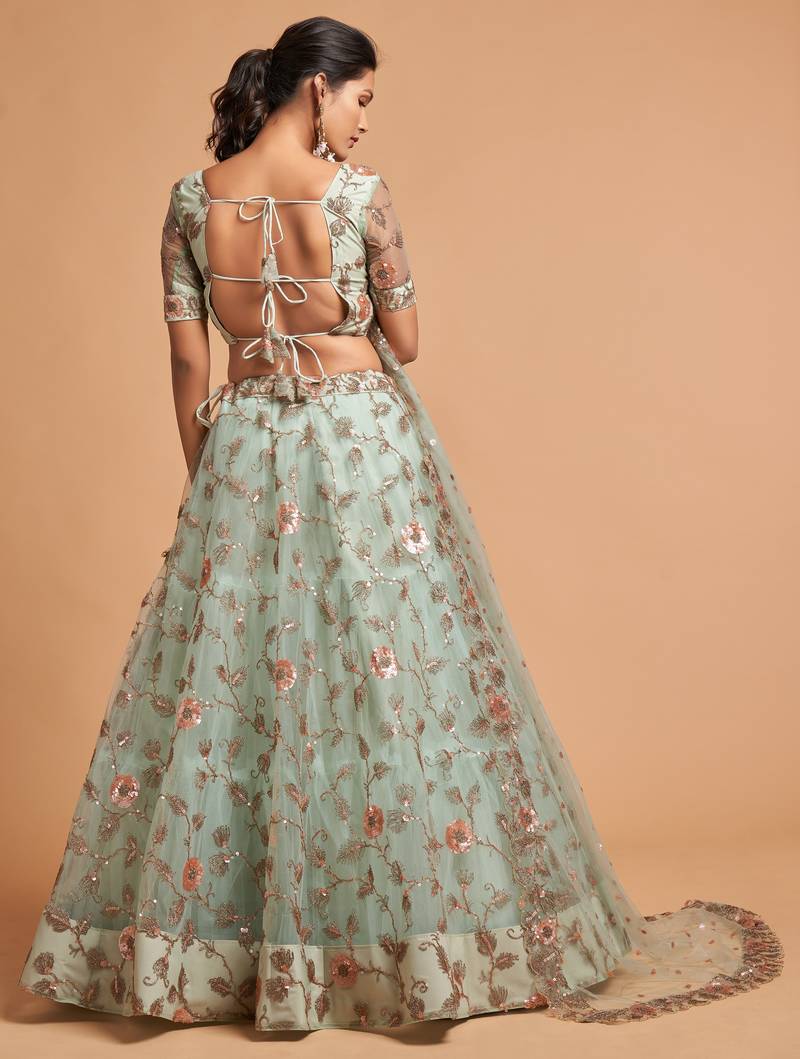 Sky Blue Zari Dori And Multiple Sequins Embroidered Soft Net Bridal Lehenga Choli