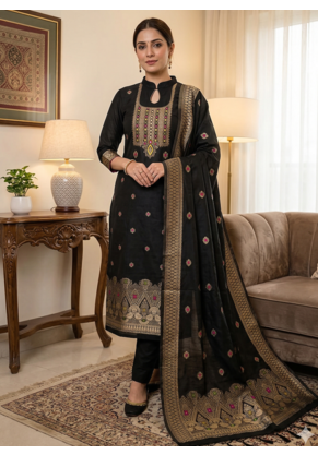 Black Chanderi Banarasi silk zari woven design dress material 1