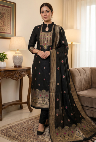 Black Chanderi Banarasi silk zari woven design dress material