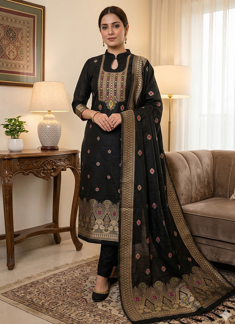 Black Chanderi Banarasi silk zari woven design dress material