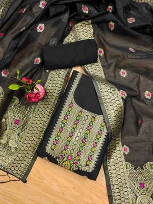 Black Chanderi Banarasi silk zari woven design dress material 2