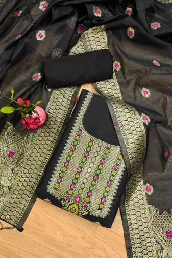 Black Chanderi Banarasi silk zari woven design dress material