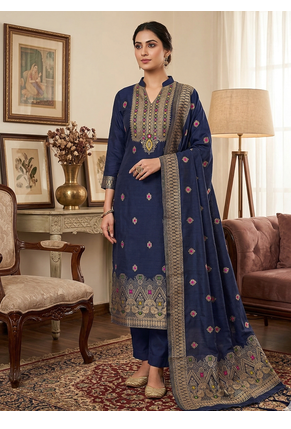Blue Pure Chanderi Banarasi silk pure zari woven design dress material 1