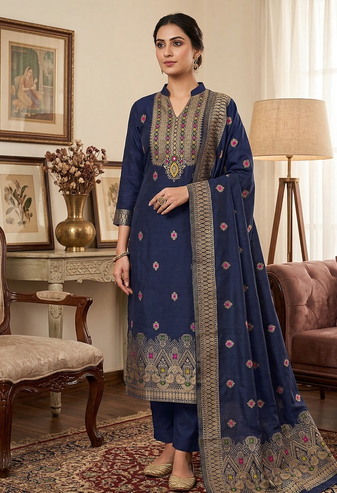 Blue Pure Chanderi Banarasi silk pure zari woven design dress material
