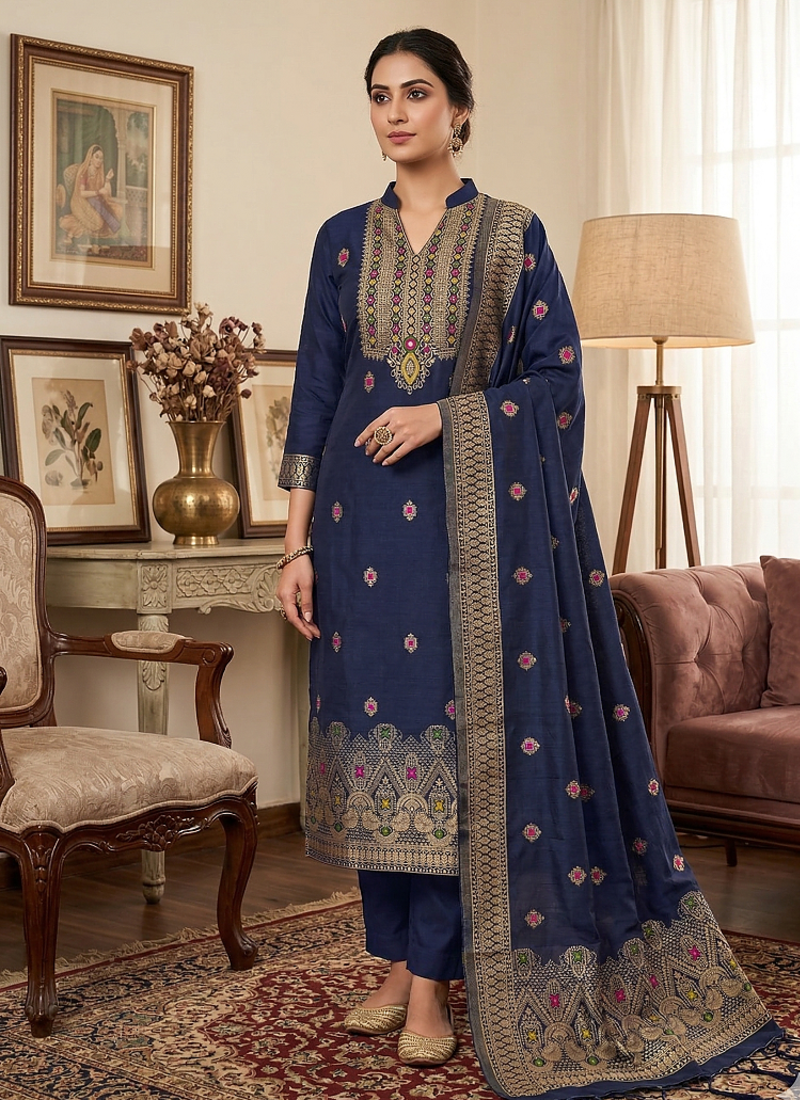 Blue Pure Chanderi Banarasi silk pure zari woven design dress material