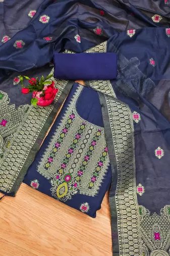 Blue Pure Chanderi Banarasi silk pure zari woven design dress material