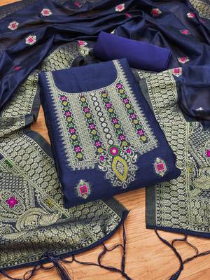Blue Pure Chanderi Banarasi silk pure zari woven design dress material 3