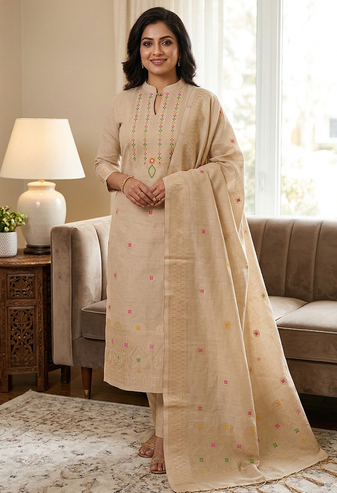 Cream Chanderi Banarasi silk zari woven design dress material