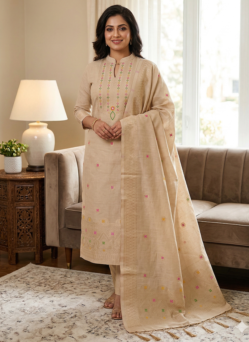 Cream Chanderi Banarasi silk zari woven design dress material