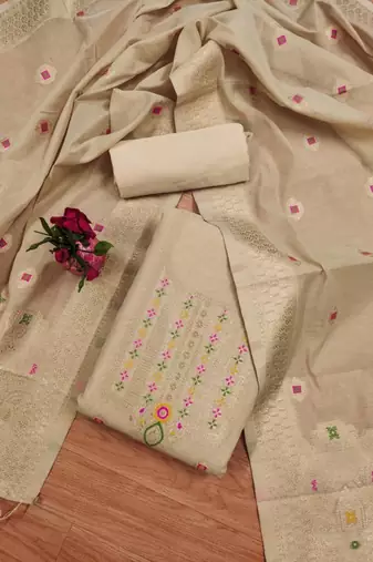Cream Chanderi Banarasi silk zari woven design dress material