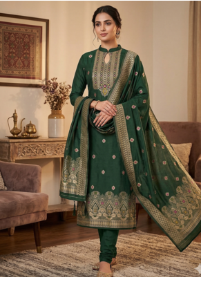 Green Chanderi Banarasi silk zari woven design dress material 1