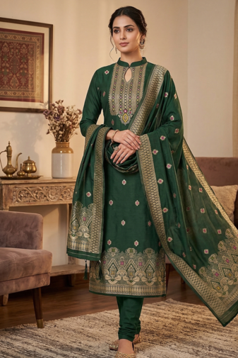 Green Chanderi Banarasi silk zari woven design dress material