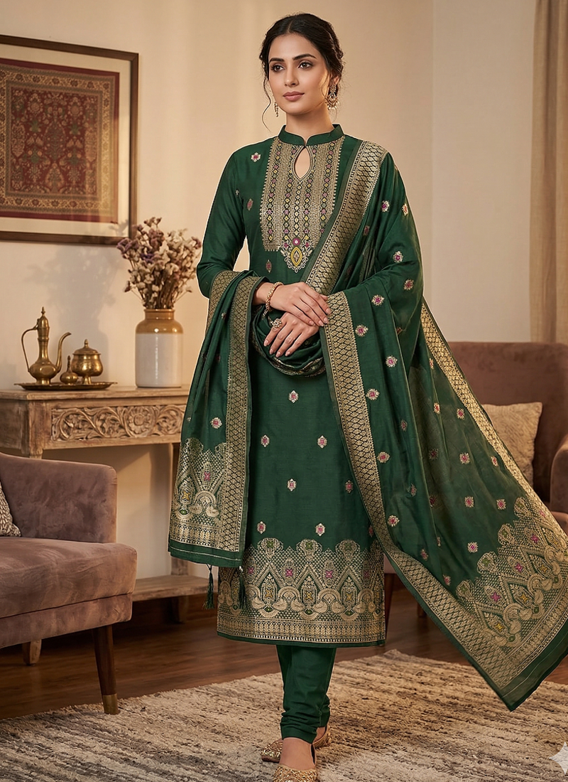 Green Chanderi Banarasi silk zari woven design dress material