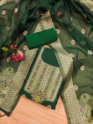 Green Chanderi Banarasi silk zari woven design dress material 2