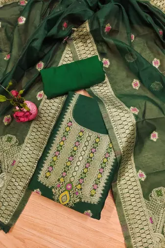 Green Chanderi Banarasi silk zari woven design dress material